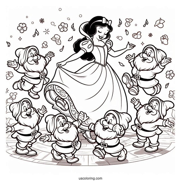 The Seven Dwarves Dancing Around Snow White Coloring Pages