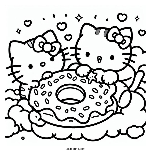 Hello Kitty And Pusheen Eating Donut On Clouds