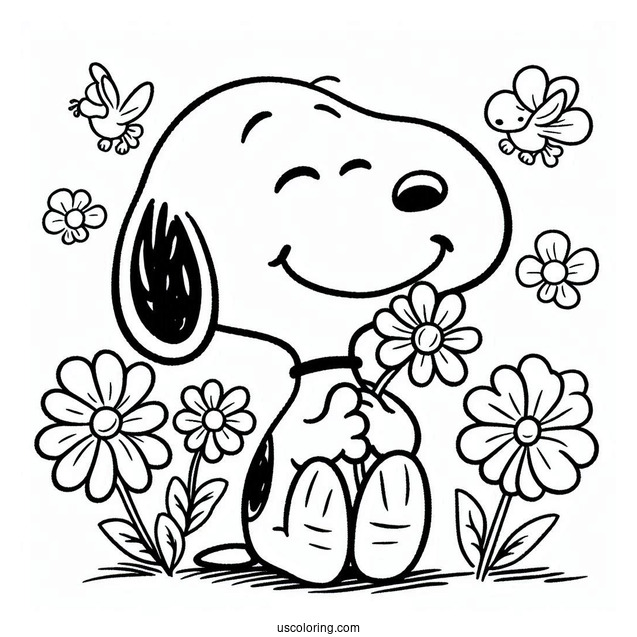 Smiling Snoopy With Flowers Coloring Picture