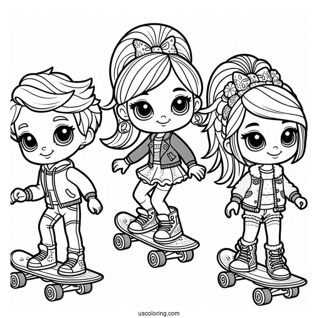 Polly Pocket Coloring Page Skateboarding With Nikolas, Lila, And Shani