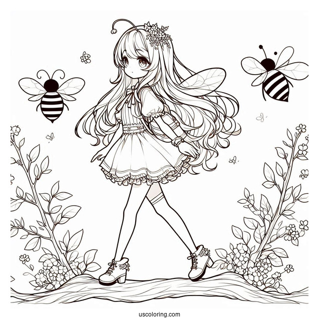 Anime Girl Bee Coloring Page Walking On A Tree Branch