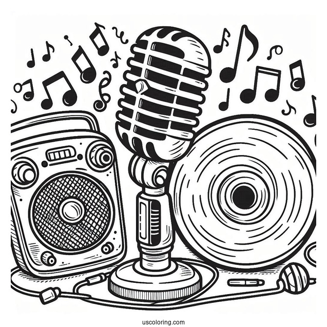 Music Coloring Page Of Retro Microphone, CD, And Musical Note For Preschoolers