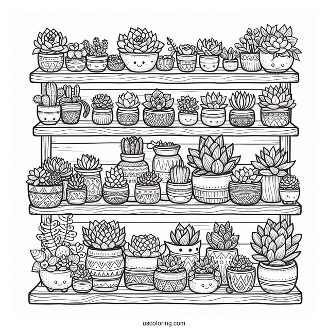 Shelves Full Of Cute Succulent Coloring Page