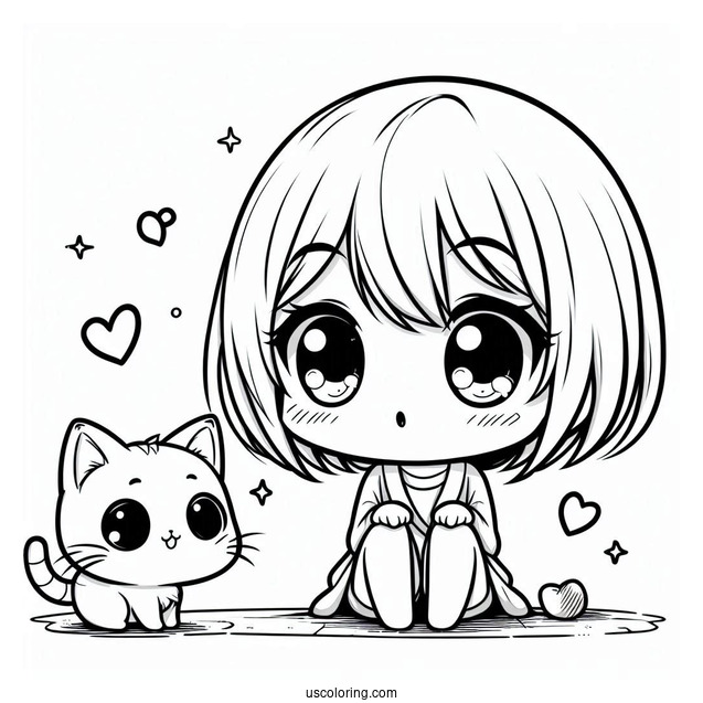 Curious Chibi Girl With Her Cat