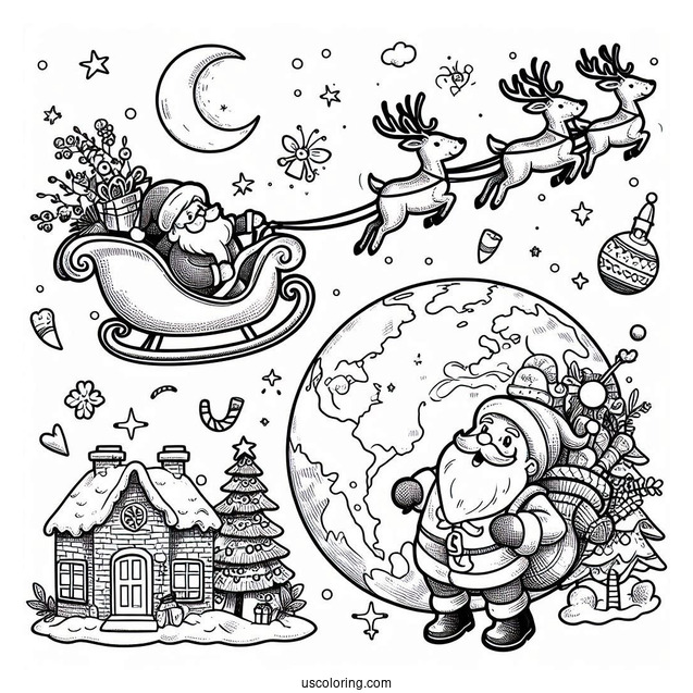 Santa And Reindeer Flying Around The World The Night Before Christmas