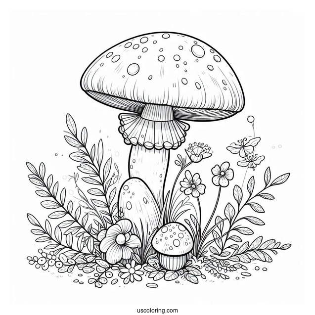 Realistic Mushroom Coloring Page Growing With Flowers