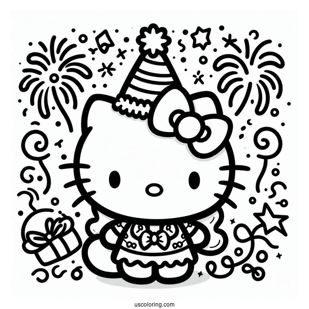 Kawaii Hello Kitty With Party Hat On New Year Coloring Page