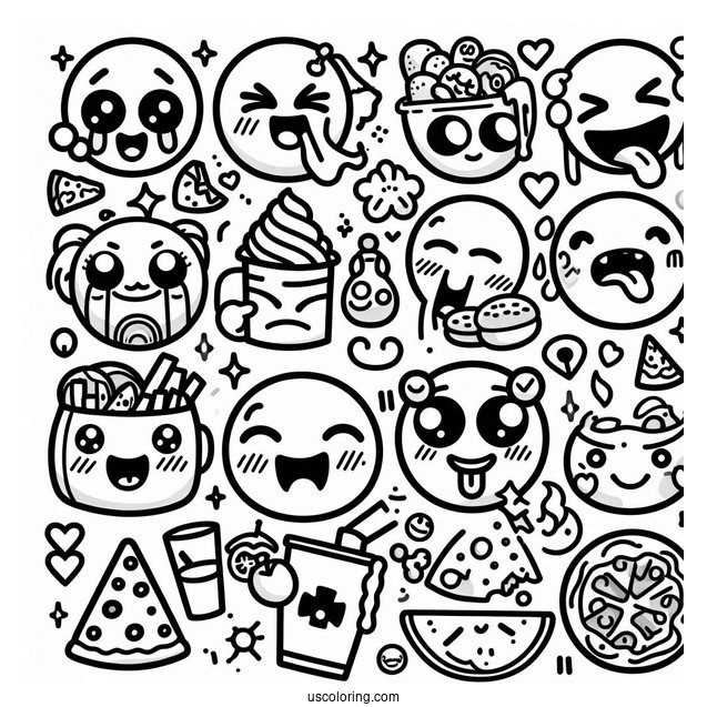 Emoji Coloring Page Varieties Of Faces, Objects, And Food