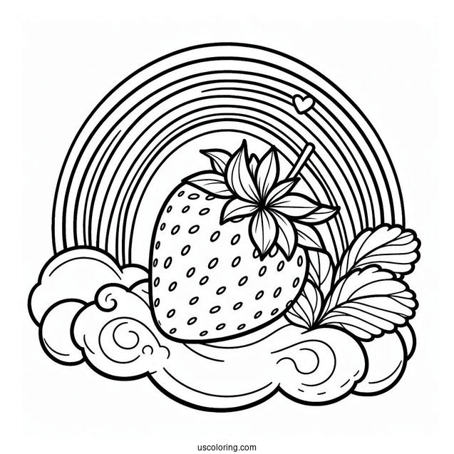 Strawberry Coloring Page On A Cloud Sliding Down A Rainbow