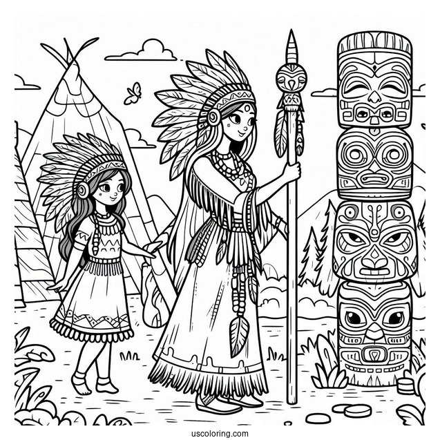 Cartoon Native American Coloring Page Women Beside Totem Pole