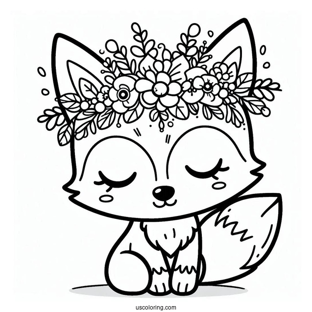 Easy Cute Coloring Page Fox Wearing A Flower Crown