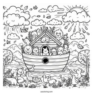 Simple Cartoon Noah's Ark Coloring Page Filled With Animals