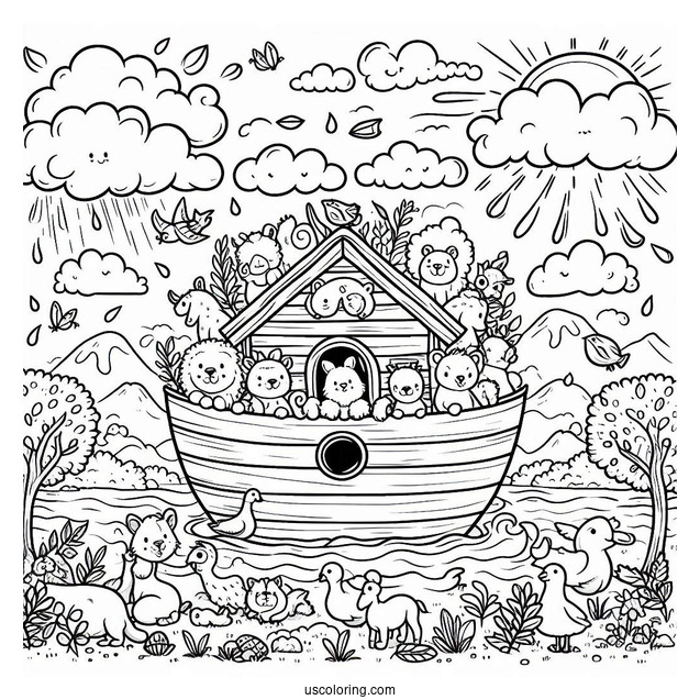 Simple Cartoon Noah's Ark Coloring Page Filled With Animals