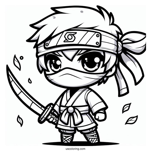 Serious Chibi Ninja With A Blade Coloring Sheet For Preschoolers