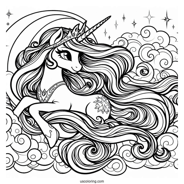 Princess Celestia Coloring Page With Flowing Mane In The Sky
