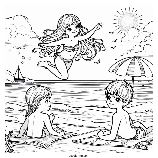 Girl And Boy Swimming At The Beach Coloring Sheet