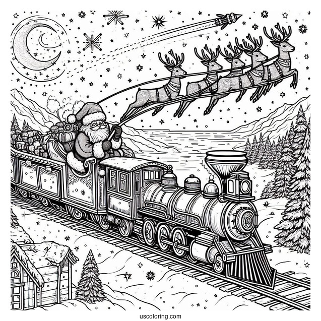 Polar Express Coloring Page Of Santa Claus On His Sleigh Flying Over The North Pole