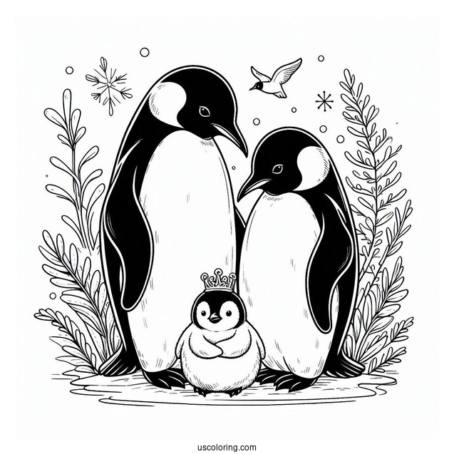 Two King Penguins With Baby Coloring
