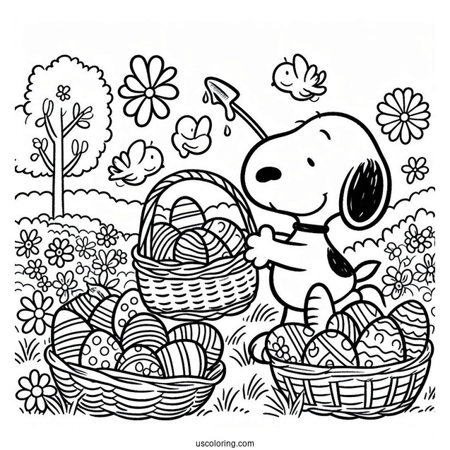 Snoopy Collecting Easter Coloring Page Of Eggs In The Garden