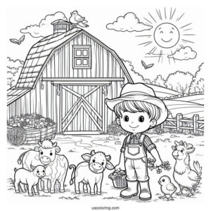 Farmer Boy With Animals Next To Barn