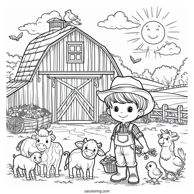 Farmer Boy With Animals Next To Barn