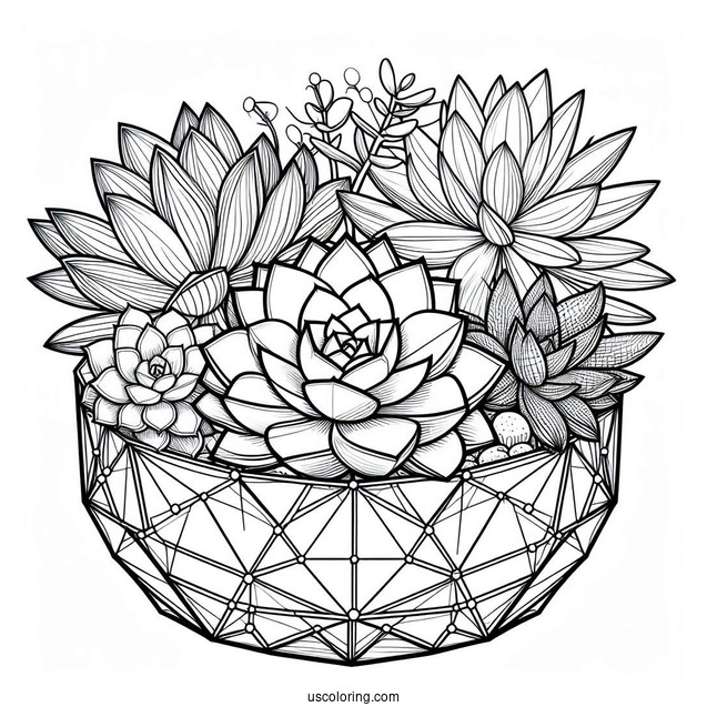 Succulent Coloring Page In Geometric Glass Terrarium