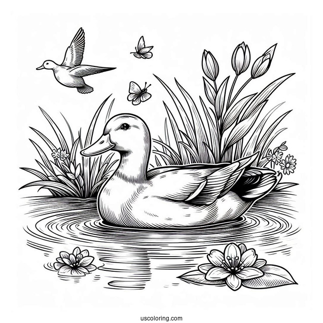 Mallard Floating In a Pond To Color