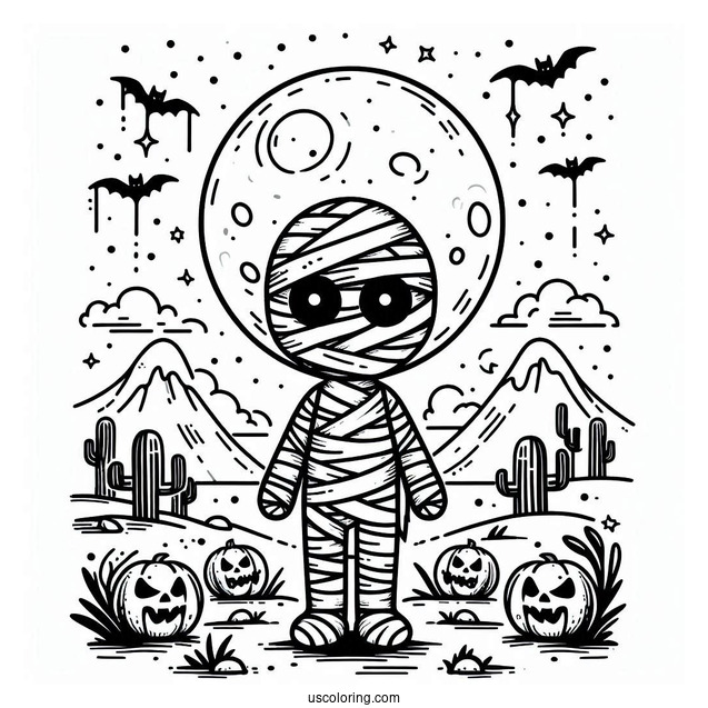 Halloween Mummy Coloring Page With Full Moon