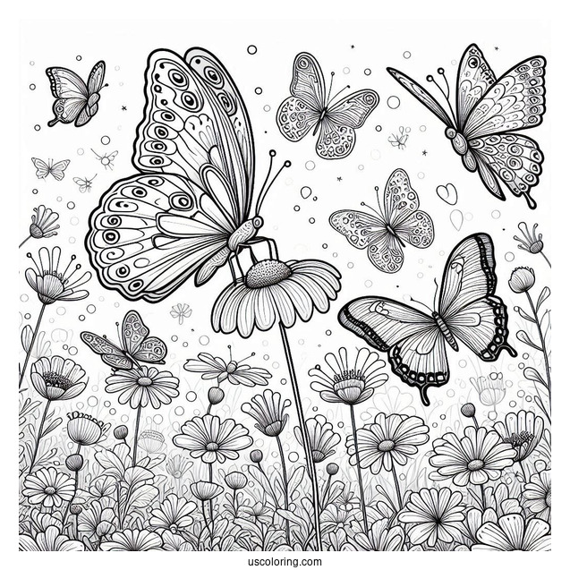 Several Butterflies Enjoying A Flower Field Coloring Page