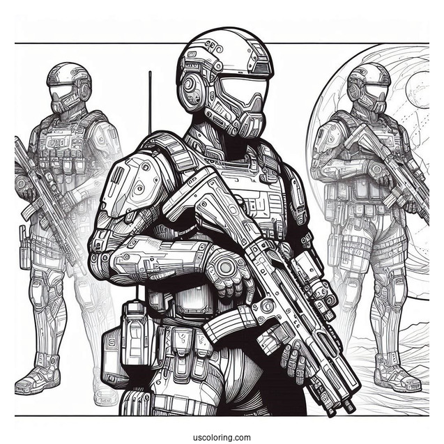 Futuristic Soldier Coloring Page Outline