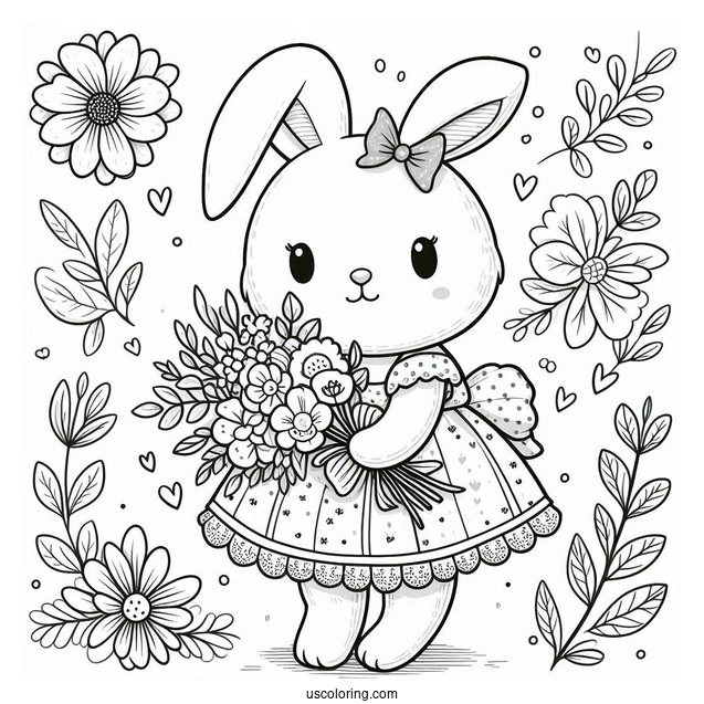 Adorable Bunny In A Dress With A Flower Bouquet In Spring Coloring Sheet