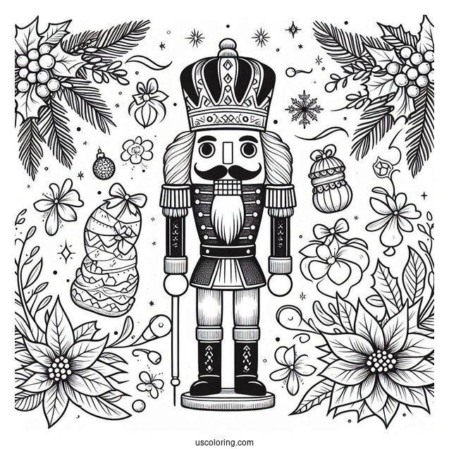 Nutcracker Coloring Page King With Mistletoes And Poinsettia