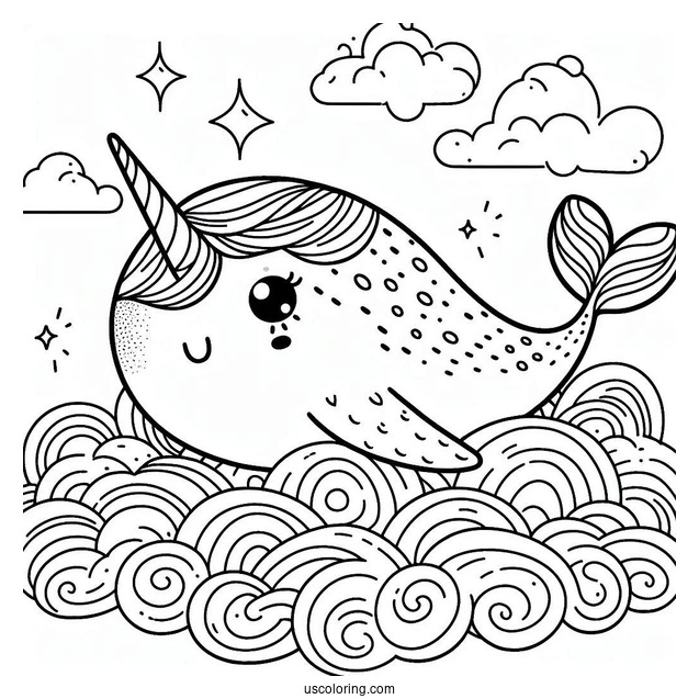 Narwhal Coloring Page With Pretty Mane In The Clouds For Kids