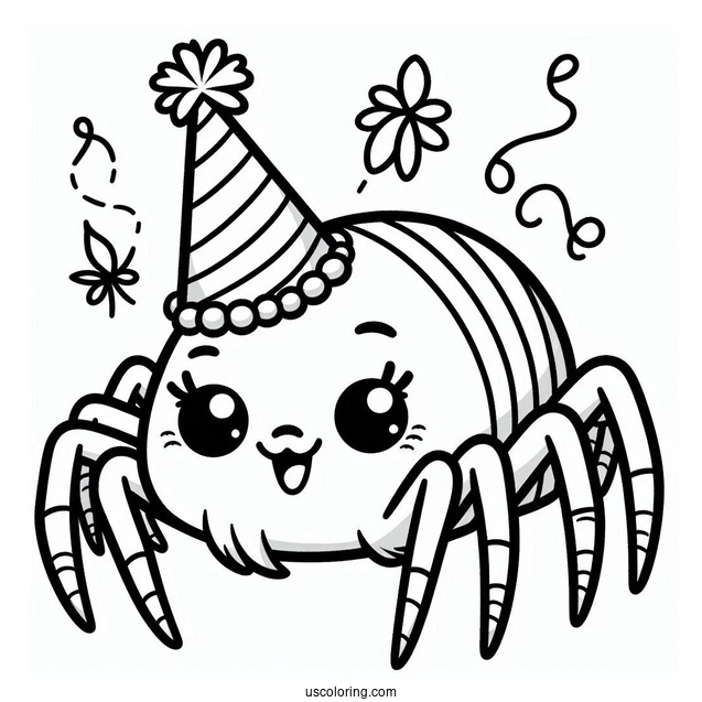 Cartoon Spider Wearing A Birthday Hat Coloring Sheet