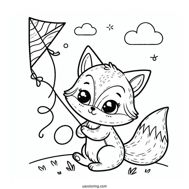 Small Fox Flying A Kite Coloring Page For Preschoolers