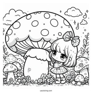 Kawaii Girls Playing With A Giant Mushroom Coloring Page