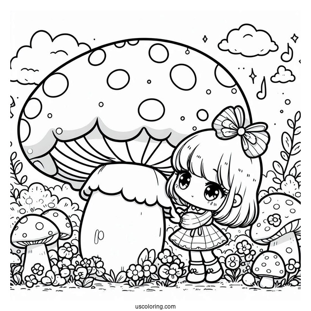 Kawaii Girls Playing With A Giant Mushroom Coloring Page