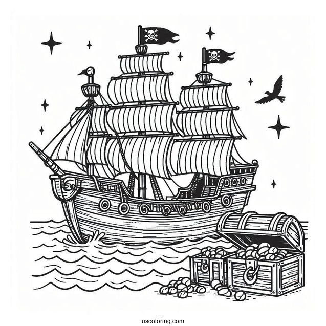 Simple Pirate Ship Coloring Page At Sea With Treasure Chests For Kids