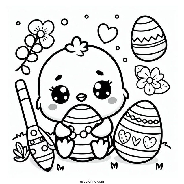Easter Coloring Page Of Kawaii Chick Holding Easter Egg For Preschoolers