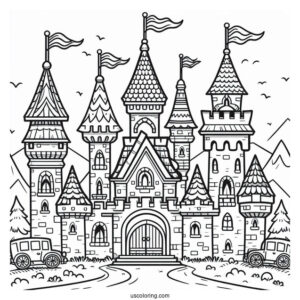 Easy Castle Coloring Page With Flags For Preschoolers