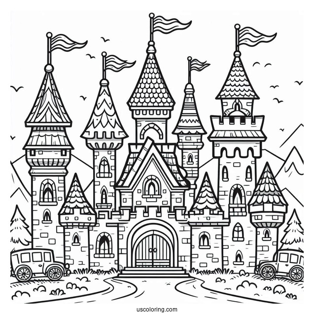 Easy Castle Coloring Page With Flags For Preschoolers