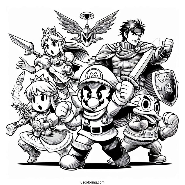 Super Smash Bros Coloring Page Of Captain Falcon, Lucina, Villager, Richter, King Dedede