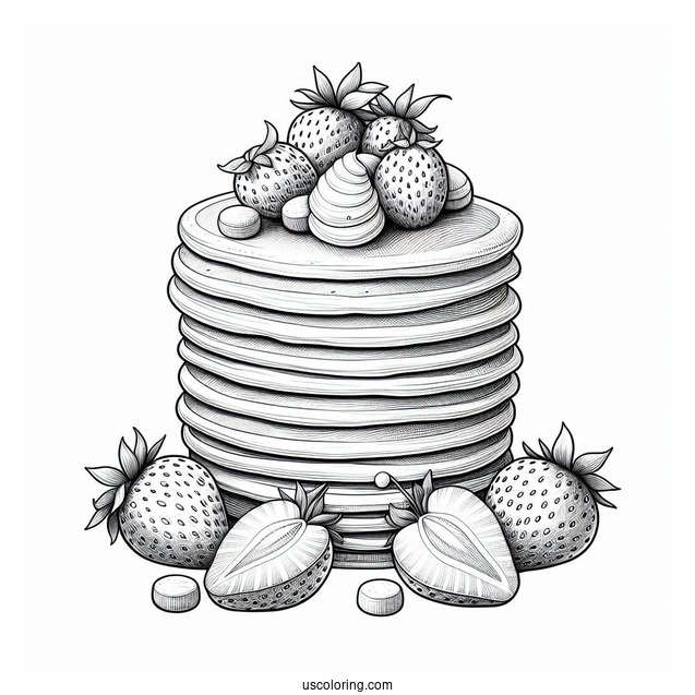 Realistic Mini Pancake Coloring Page Tower With Large Strawberries