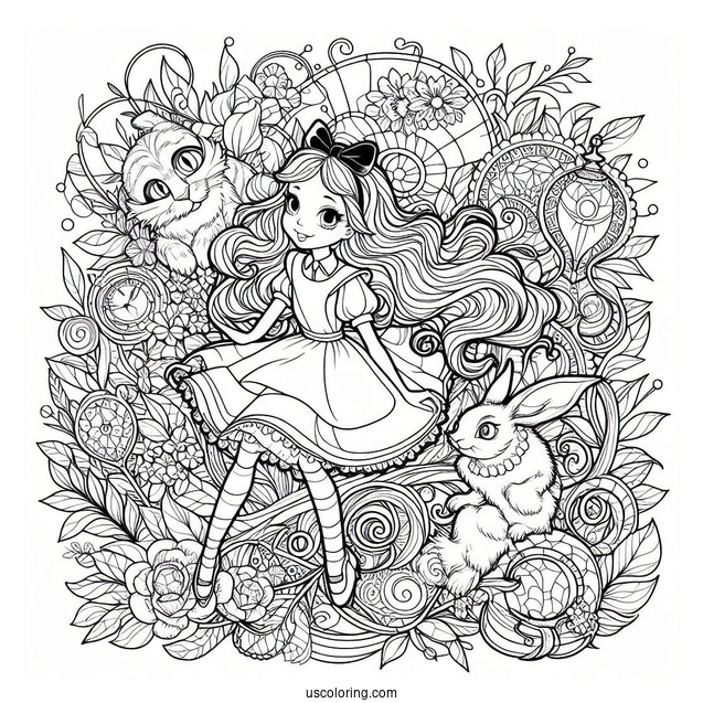 Alice In Wonderland With The Rabbit And The Cheshire Cat Stained Glass Coloring Page
