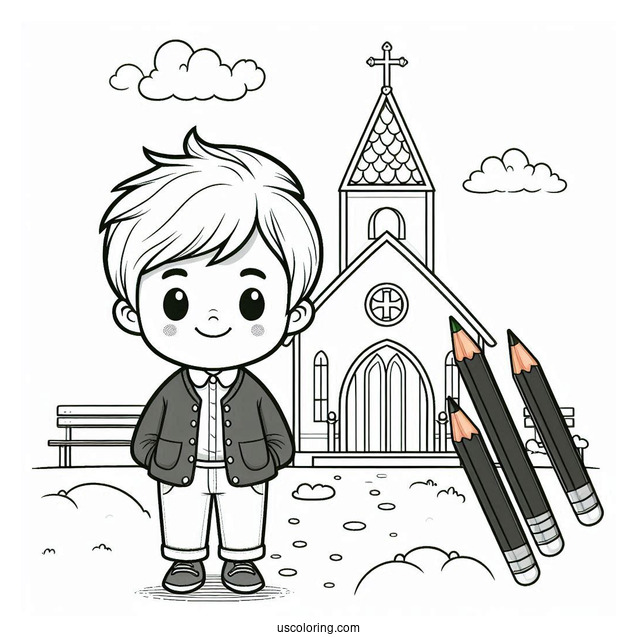 Little Boy Standing In Front Of A Church Coloring Page