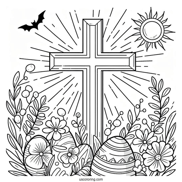 Easter Coloring Page Of Cross With Flowers And Sun On Easter For Kids