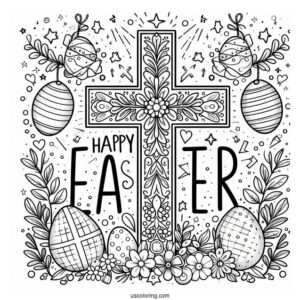 Happy Easter Words With Cross Coloring Page For Kids