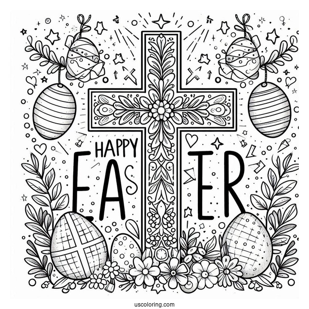 Happy Easter Words With Cross Coloring Page For Kids
