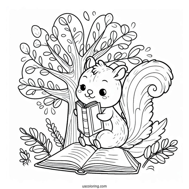 Cute Squirrel Coloring Page Reading Book On Top Of Tree