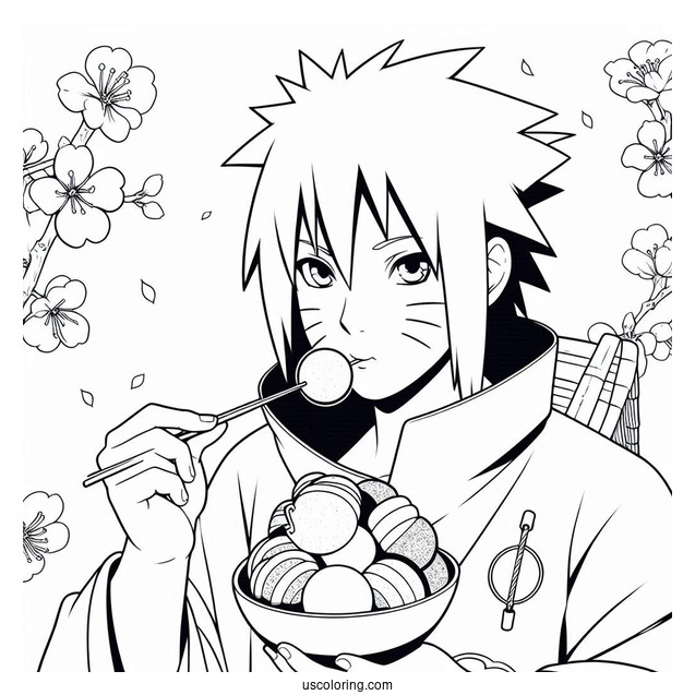 Uchiha Sasuke Coloring Page With Sakura Eating Tricolor Dango